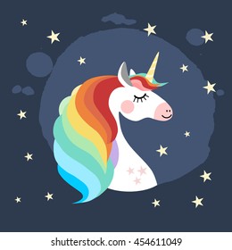 Unicorn head with rainbow mane and stars in the background, vector illustration