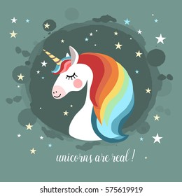 Unicorn head with a rainbow mane and stars in the background, vector illustration