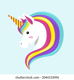 Unicorn head with rainbow mane and yellow horn. Vector illustration on blue background.