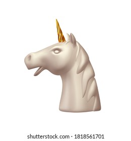 Unicorn head is realistic. Abstract face unicorn 3d object isolated on white background. Vector illustration