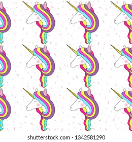 Unicorn head seamless pattern with pink confetti, vector illustration.