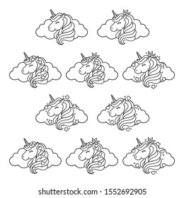 Unicorn head set with cloud, stars and hearts. Prints for baby clothes. Cute nursery art drawing. Vector illustration. Cute unicorn graphic print isolated on white background. For coloring book.