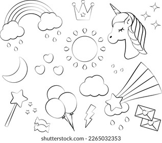 Unicorn head and set of cute design elements in black and white colors, for holiday, coloring, stickers, icons. Vector illustration