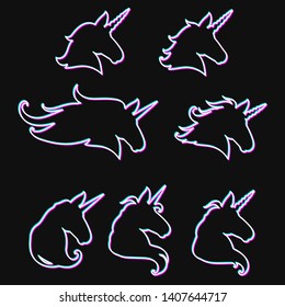 Unicorn head set. Hand drawn Vector illustration. Unicorn Logotype isolated on white. Magic animal profile. Easy to edit.