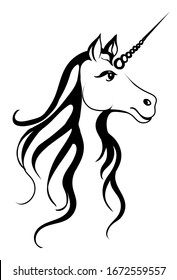 Unicorn head silhouette. Black outline on a white background.

