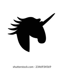 Unicorn head silhouette icon isolated on white background. Black shape of unicorn's head. Vector illustration.