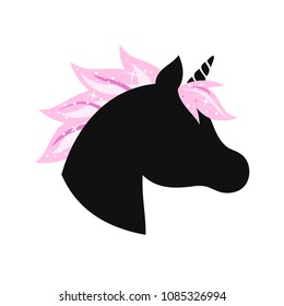 Unicorn head silhouette with mane hair and glitter.