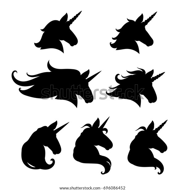 一角獣頭シルエットセット 手描きのベクターイラスト 白い背景にユニコーンのロゴ 魔法の動物のプロフィール 編集が容易 のベクター画像素材 ロイヤリティフリー