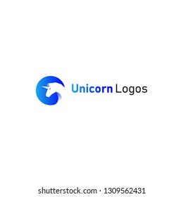 Unicorn head silhouette with sharp horns in a circle that protects it from the outside. gradient color and modern logo