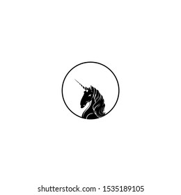 
Unicorn head silhouette. Tattoo.  Print for t-shirts. Vector illustration of a hand drawn, black outline on white, 