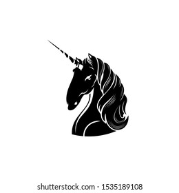 
Unicorn head silhouette. Tattoo.  Print for t-shirts. Vector illustration of a hand drawn, black outline on white, 