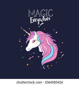 Unicorn head silhouette . Vector hand drawn Inspirational illustration for print, banner, poster. Magic everywhere