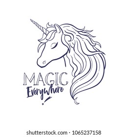 Unicorn head silhouette . Vector hand drawn Inspirational illustration for print, banner, poster. Magic everywhere