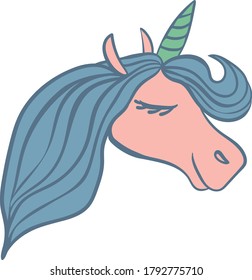 Unicorn head simple vector illustration. Mythical horse profile in pink, blue, and teal colors.