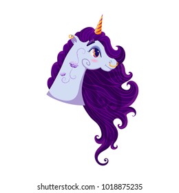 Unicorn Head with a Tattoo and Piercings, Violet Pony Character on White Background, Cute Cartoon Personage Hand Drawn Vector Illustration EPS10