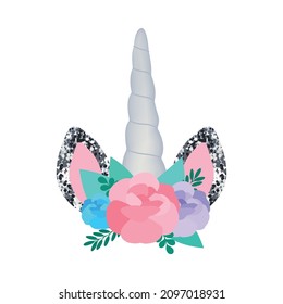 Einhornkopfvorlage. Glitzerne Ohren und Horn, Blumen. Für Grußkarten, Postkarten, Liebeserklärungen, Etiketten. Poster.