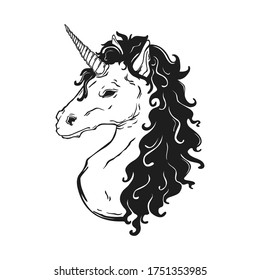 Unicorn head for t-shirts. Vector illustration.