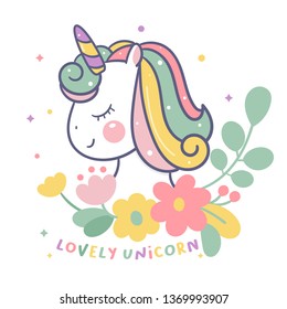 Unicorn Head Vector cute cartoon with flower: series Illustration of very cute fairytale pony (Happy Anniversary) - Perfect for kid's greeting card design and Print for t-shirt. Romantic hand drawing 