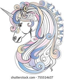Unicorn head vector illustration. Design for wall decoration, tattoo, bag, book, poster and t-shirt.