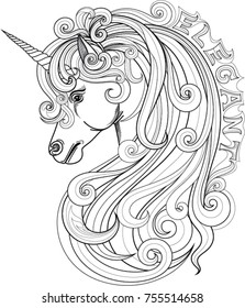 Ilustración del vector de cabeza de unicornio. Diseño para la decoración de paredes, tatuajes, bolsos, libros, afiches y pantalones.