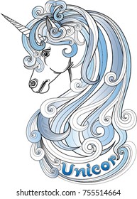 Unicorn head vector illustration. Design for wall decoration, tattoo, bag, book, poster and t-shirt.