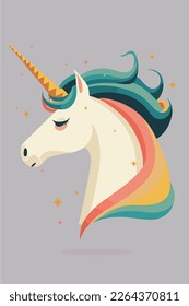 Unicorn Head. Vector illustration in flat style. Flat color Cartoon style.