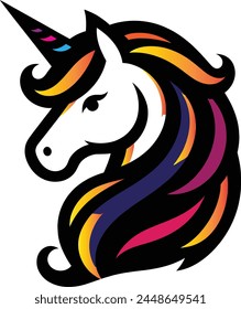 Ilustración vectorial de cabeza de unicornio sobre fondo blanco.