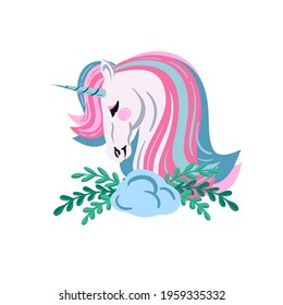 Unicorn head, vector illustration. White unicorn with pink and blue hair. 