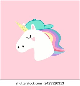 Unicorn head vector illustration,Funny unicorn is wearing a cap,design for kid,greeting card,birthday