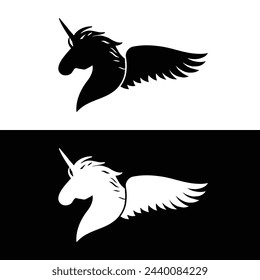 Cabeza de unicornio con diseño de logotipo de ala concepto gráfico. Ilustración vectorial.