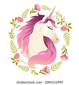 Unicorn head in wreath of flowers. Watercolor illustration.