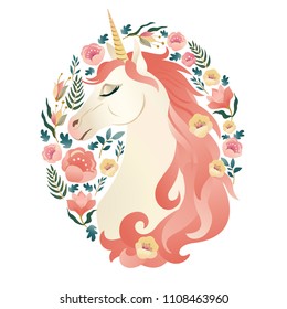 Unicorn head in wreath of flowers. Watercolor illustration.