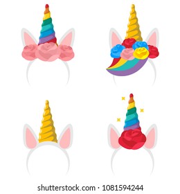 Unicorn headband cartoon icon set. Vector flat hair clip with a horn, ears, rose flower and rainbow isolated on a white background.