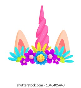 Unicorn headband with field flowers wreath cartoon illustration
