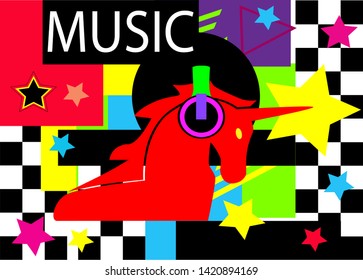 Unicorn with headphones pop art background with stars, vivid colors.