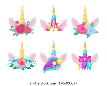 Unicorn heads with horns, flowers and ears. Vector cute magic horse animals, decorated with floral bouquets, rainbow, stars and gold crown, pink ribbon bow and colorful hair with glitter