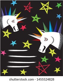 Unicorn heads with stars black background