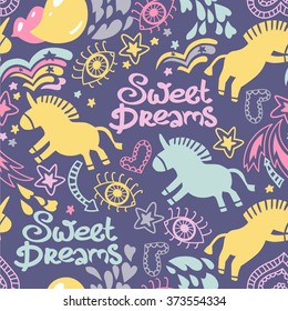 unicorn heart cud horse eyes arrows baby seamless vector background