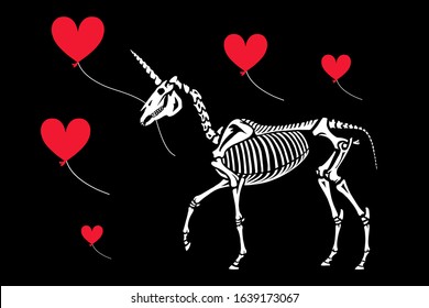 Unicorn with a heart shaped balloon. Gothic princess style illustration. Greeting card for Valentine's Day. Also great for Halloween.