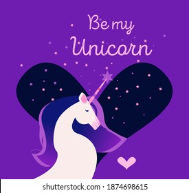Unicorn and heart with stars. Valentine's day card design. Romantic purple background. Illustrations for social media post, flyers, greeting cards and web page.