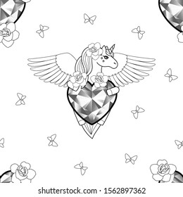 Unicorn with heart and wings seamless pattern.