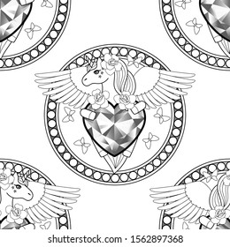 Unicorn with heart and wings seamless pattern.