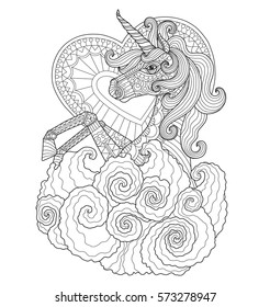 Unicorn with heart. Zentangle stylized cartoon isolated on white background. Hand drawn sketch illustration for adult coloring book. 
