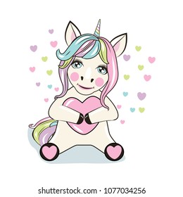 Unicorn with hearts cartoon vector illustration. Can be used for baby t-shirt print, fashion print design, kids wear, baby shower celebration greeting and invitation card.