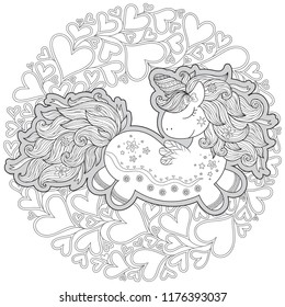 Unicorn in hearts. Coloring book for adult and older children. Outline drawing coloring page.