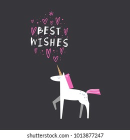 Unicorn, hearts set, sign, script, magical creature. Decor elements, stickers. Vector, clip art. Isolated.