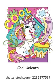 El hippie de unicornio toca el tambor y la letra fresca. Ilustración vectorial de color de caricatura en un fondo blanco. Cartel y portada del libro de unicornio. Para tarjeta, impresión, diseño, pegatinas, decoración y rompecabezas