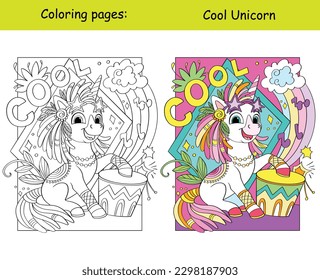 Unicorn hippie plays the drum with lettering cool. Cartoon vector illustration. Kids coloring book page with color template. For coloring, education, print, game, decor, puzzle, design