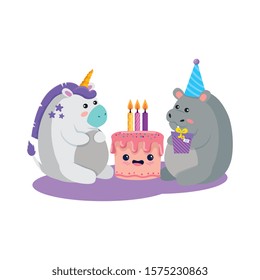 Unicorn and hippo cartoon design, Animal happy birthday celebration decoration and surprise theme Vector illustration