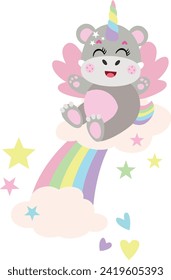 Unicorn hippo on rainbow with clouds